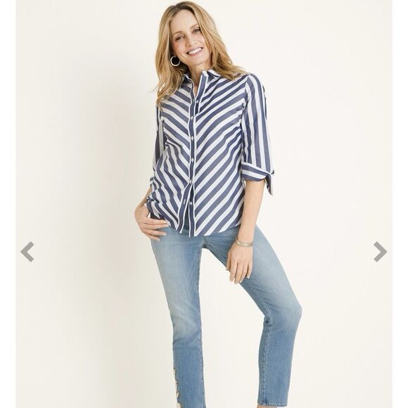 Chico’s No-Iron Cotton Striped Stain Shield Shirt Navy & White Striped Size 4/6 - Picture 1 of 8